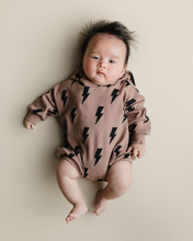 Load image into Gallery viewer, Hooded Bubble Romper | Mocha Bolts