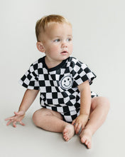 Load image into Gallery viewer, Short Sleeve Bubble Romper | Checkered Smiley Black