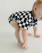 Load image into Gallery viewer, Short Sleeve Bubble Romper | Checkered Smiley Black