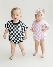 Load image into Gallery viewer, Short Sleeve Bubble Romper | Checkered Smiley Black
