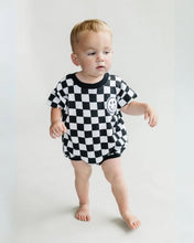 Load image into Gallery viewer, Short Sleeve Bubble Romper | Checkered Smiley Black