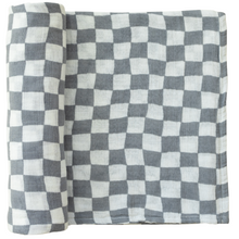 Load image into Gallery viewer, Dusty Blue Wavy Checkered Muslin Swaddle Blanket
