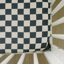 Load image into Gallery viewer, Charcoal Checkered Muslin Crib Sheet
