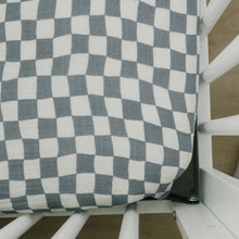 Load image into Gallery viewer, Dusty Blue Wavy Checkered Muslin Crib Sheet
