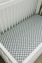 Load image into Gallery viewer, Dusty Blue Wavy Checkered Muslin Crib Sheet
