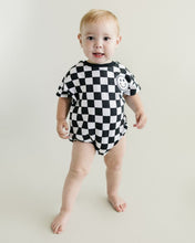 Load image into Gallery viewer, Short Sleeve Bubble Romper | Checkered Smiley Black
