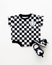 Load image into Gallery viewer, Short Sleeve Bubble Romper | Checkered Smiley Black
