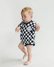 Load image into Gallery viewer, Short Sleeve Bubble Romper | Checkered Smiley Black
